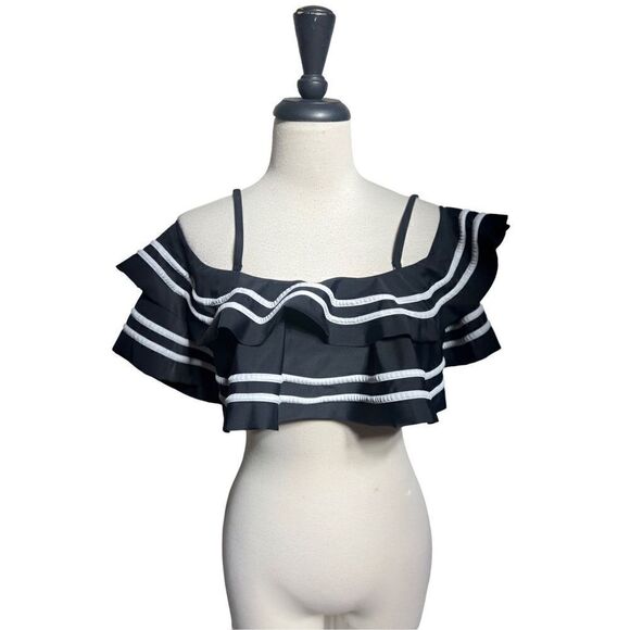 Cold Shoulder Black and White Ruffled Swimsuit Bikini Top Size Medium - Picture 1 of 2